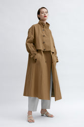 Double-Breasted Long Linen Jacket with Structured Collar and Belted Cuffs